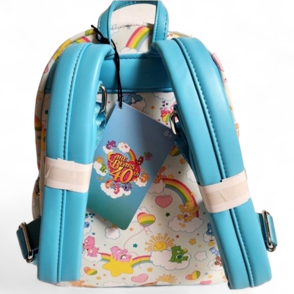 Loungefly Care Bears AOP Rainbow & Clouds Mini Backpack, White & Turquoise, NEW